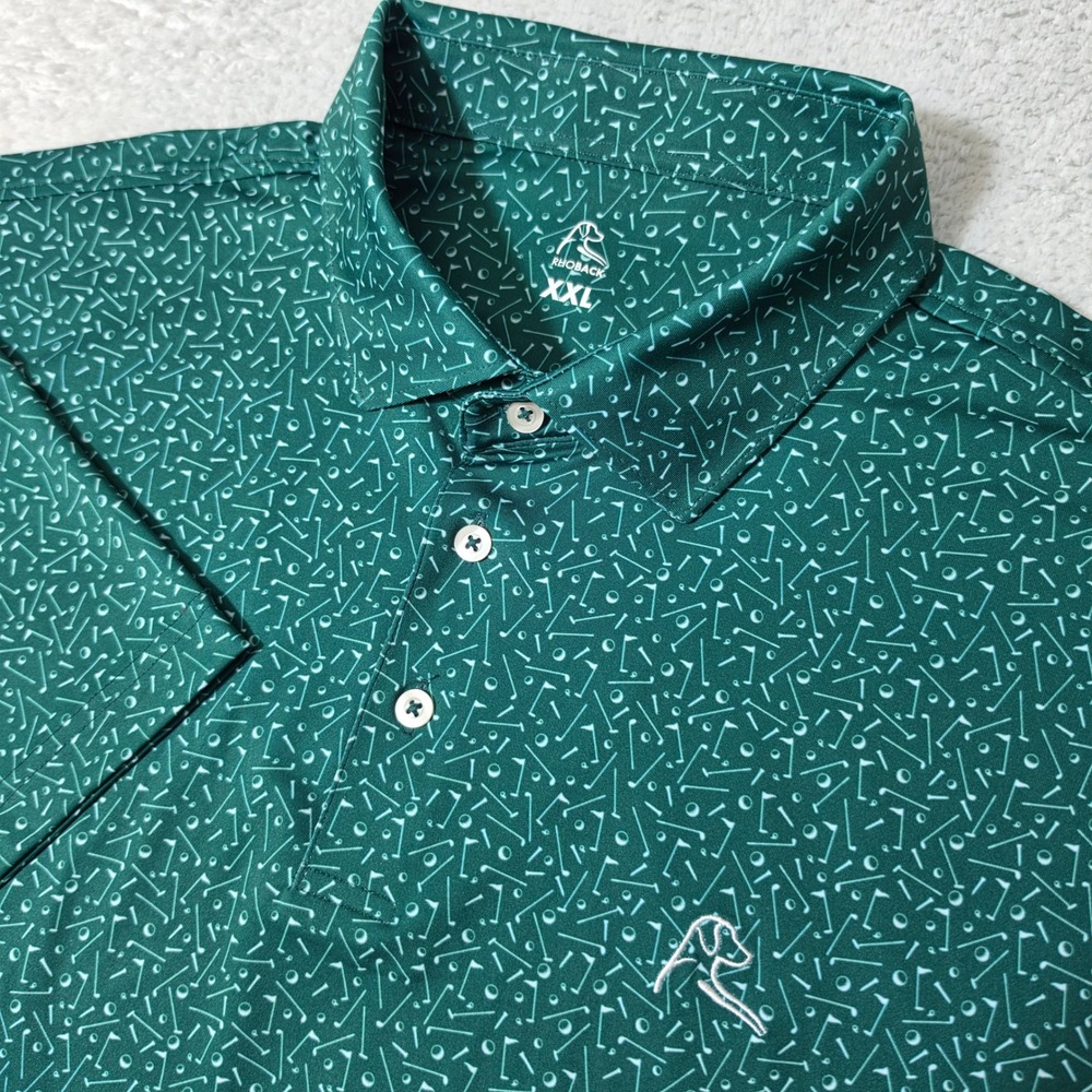 Rhoback Mulligan Polo Mens XXL Green Golf Club Print Stretch S/S Performance